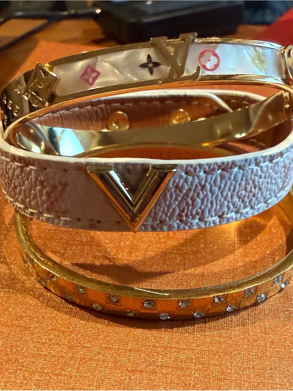 Pink and White Monogram Leather Wrap and Enamel Bangle Set